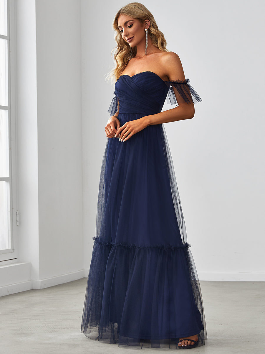 Color=Navy Blue | Strapless A Line Ruffles Sleeves Wholesale Evening Dresses-Navy Blue 3