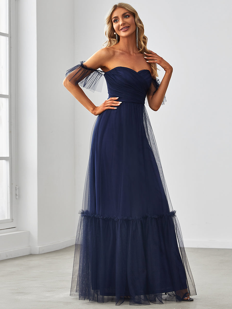 Color=Navy Blue | Strapless A Line Ruffles Sleeves Wholesale Evening Dresses-Navy Blue 4