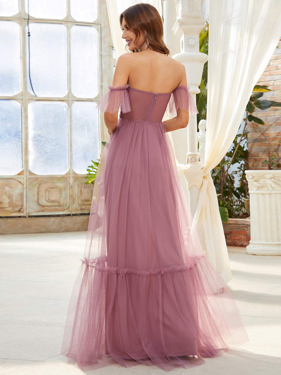 Color=Orchid | Strapless A Line Ruffles Sleeves Wholesale Evening Dresses-Orchid 2