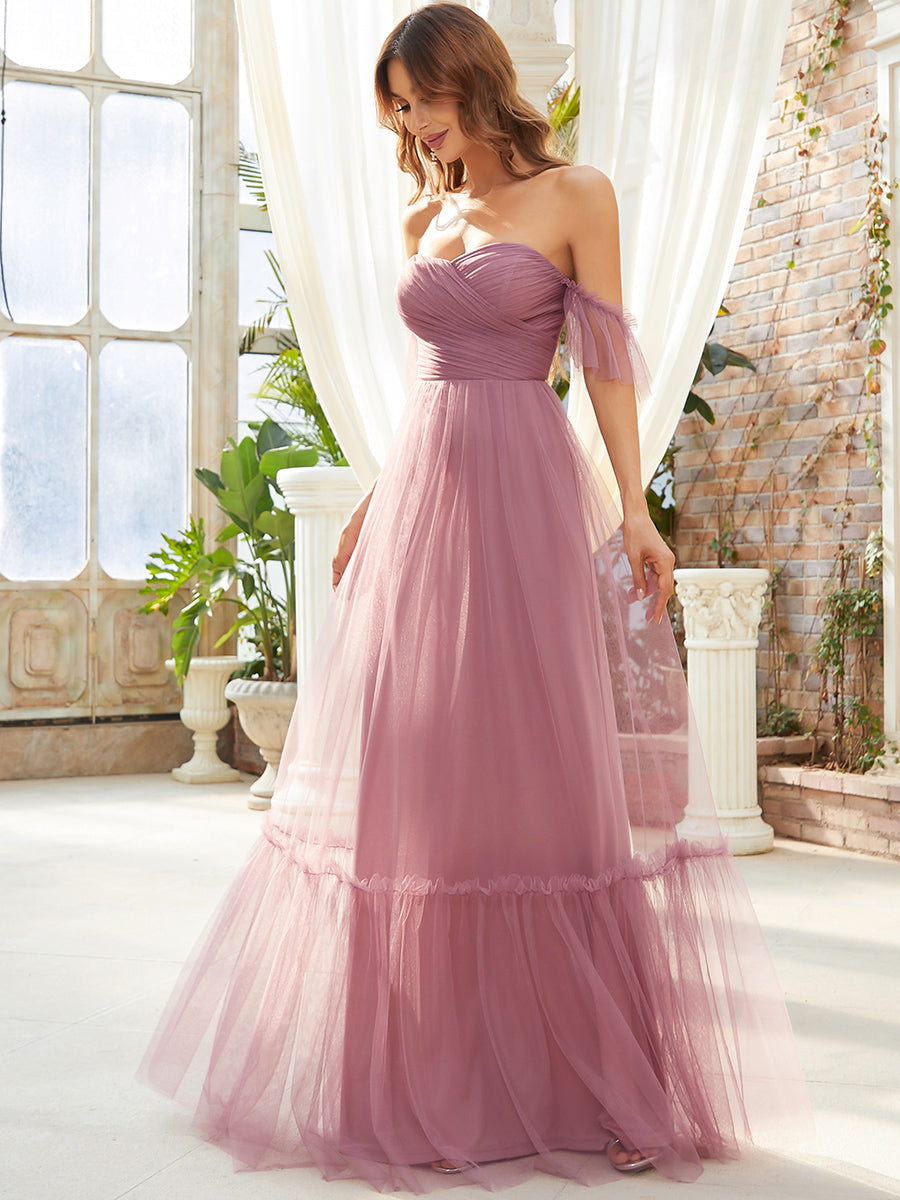 Color=Orchid | Strapless A Line Ruffles Sleeves Wholesale Evening Dresses-Orchid 3