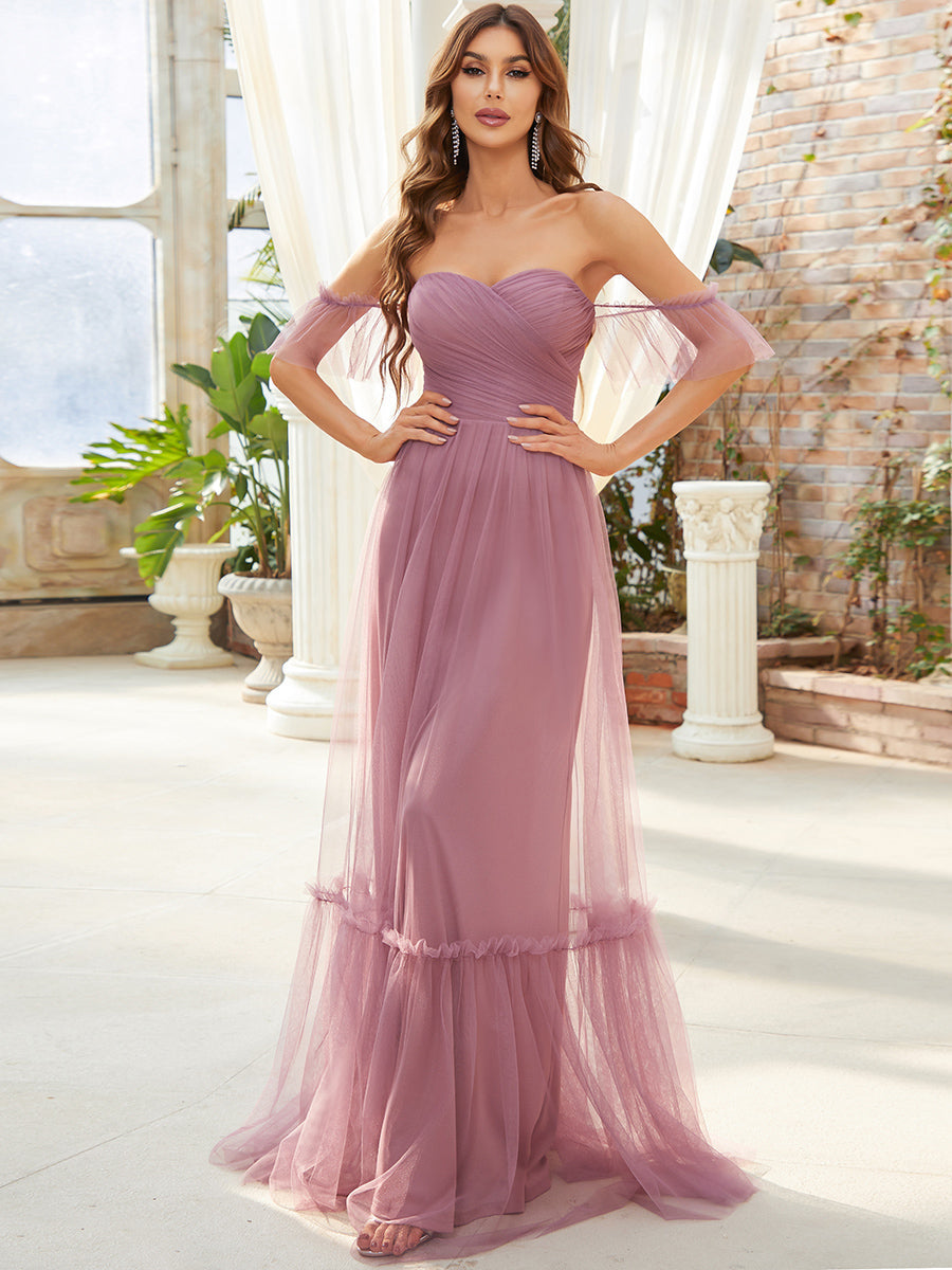 Color=Orchid | Strapless A Line Ruffles Sleeves Wholesale Evening Dresses-Orchid 4