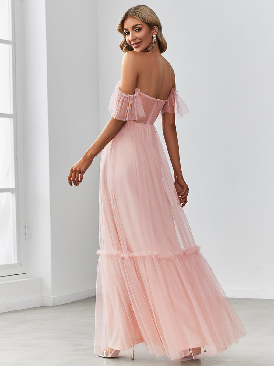 Color=Pink | Strapless A Line Ruffles Sleeves Wholesale Evening Dresses-Pink 2