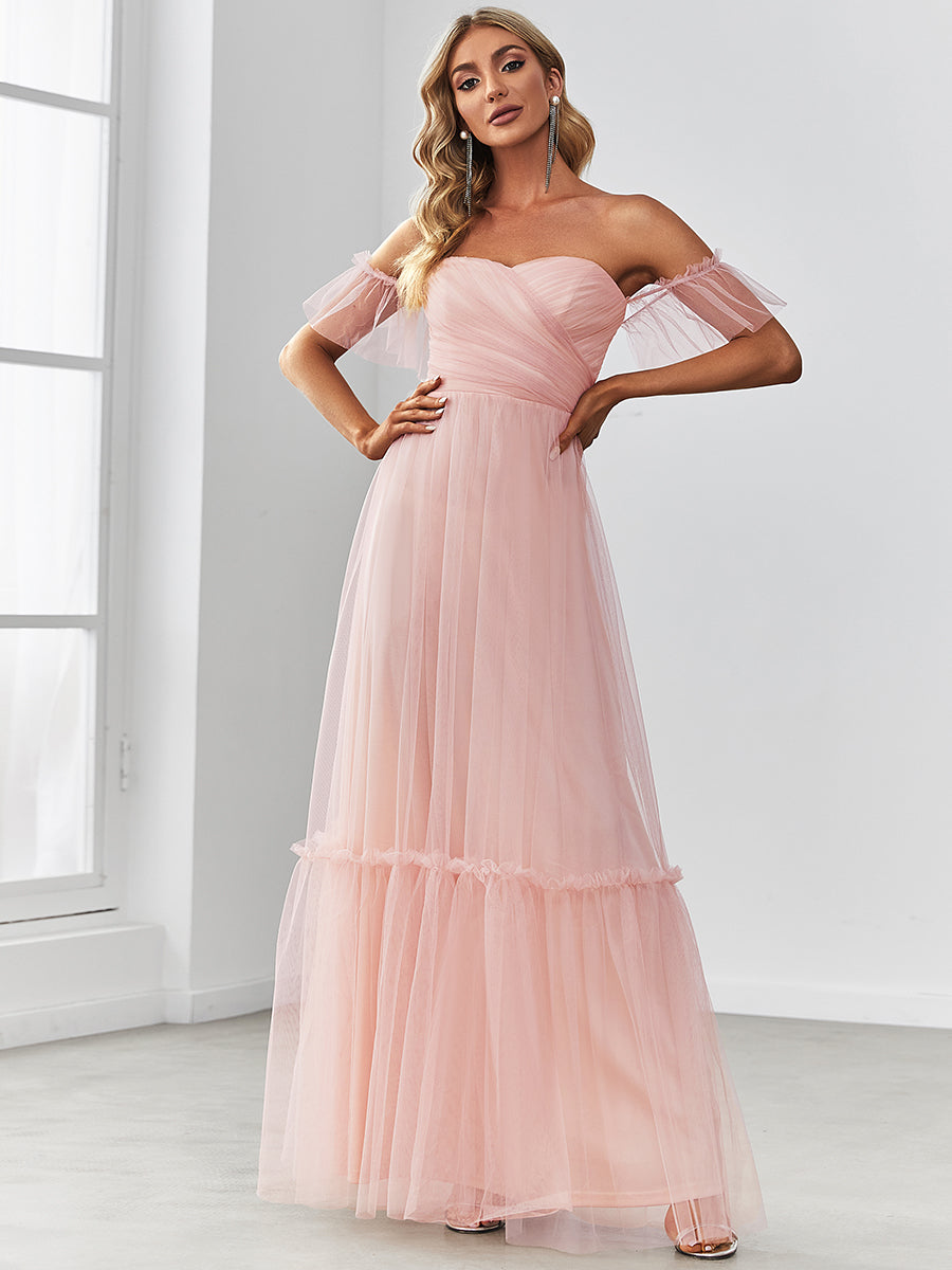 Color=Pink | Strapless A Line Ruffles Sleeves Wholesale Evening Dresses-Pink 3