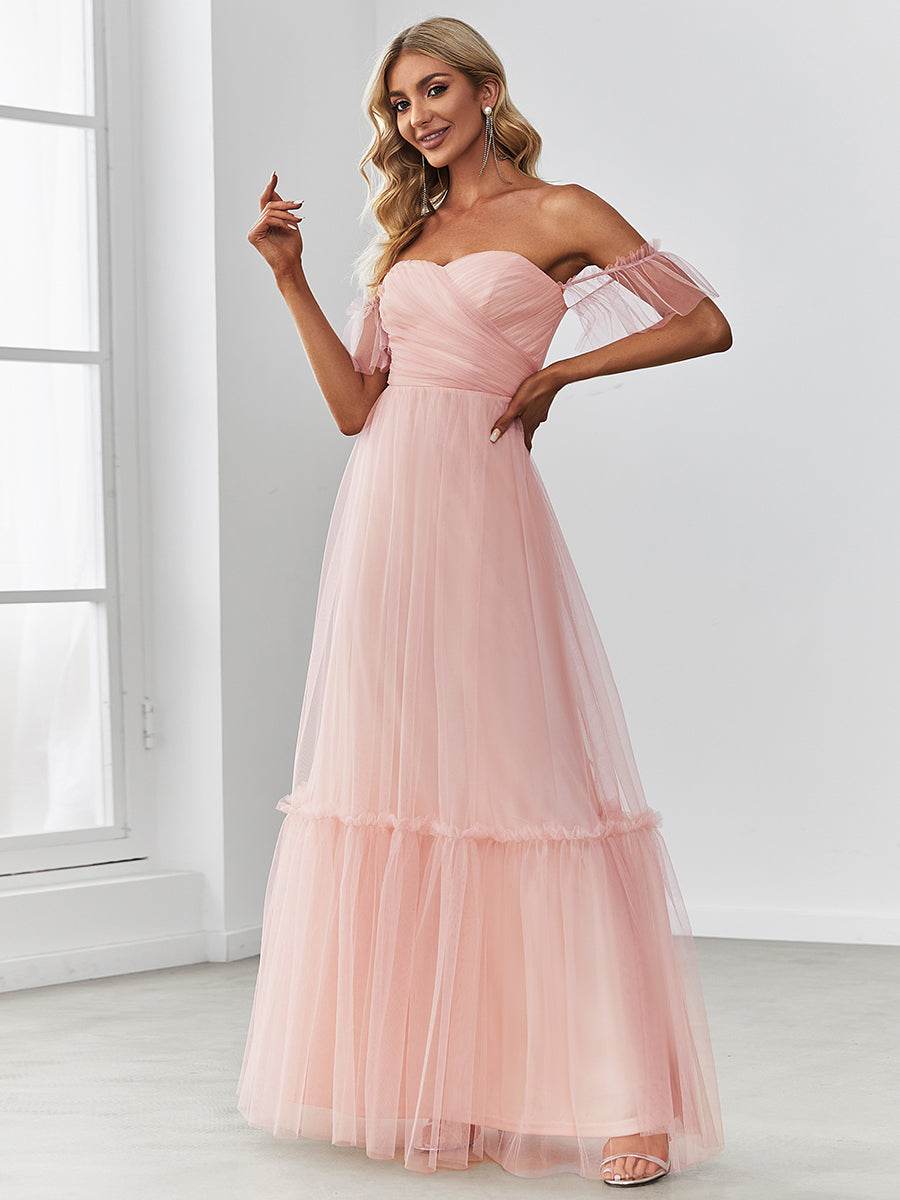 Color=Pink | Strapless A Line Ruffles Sleeves Wholesale Evening Dresses-Pink 4