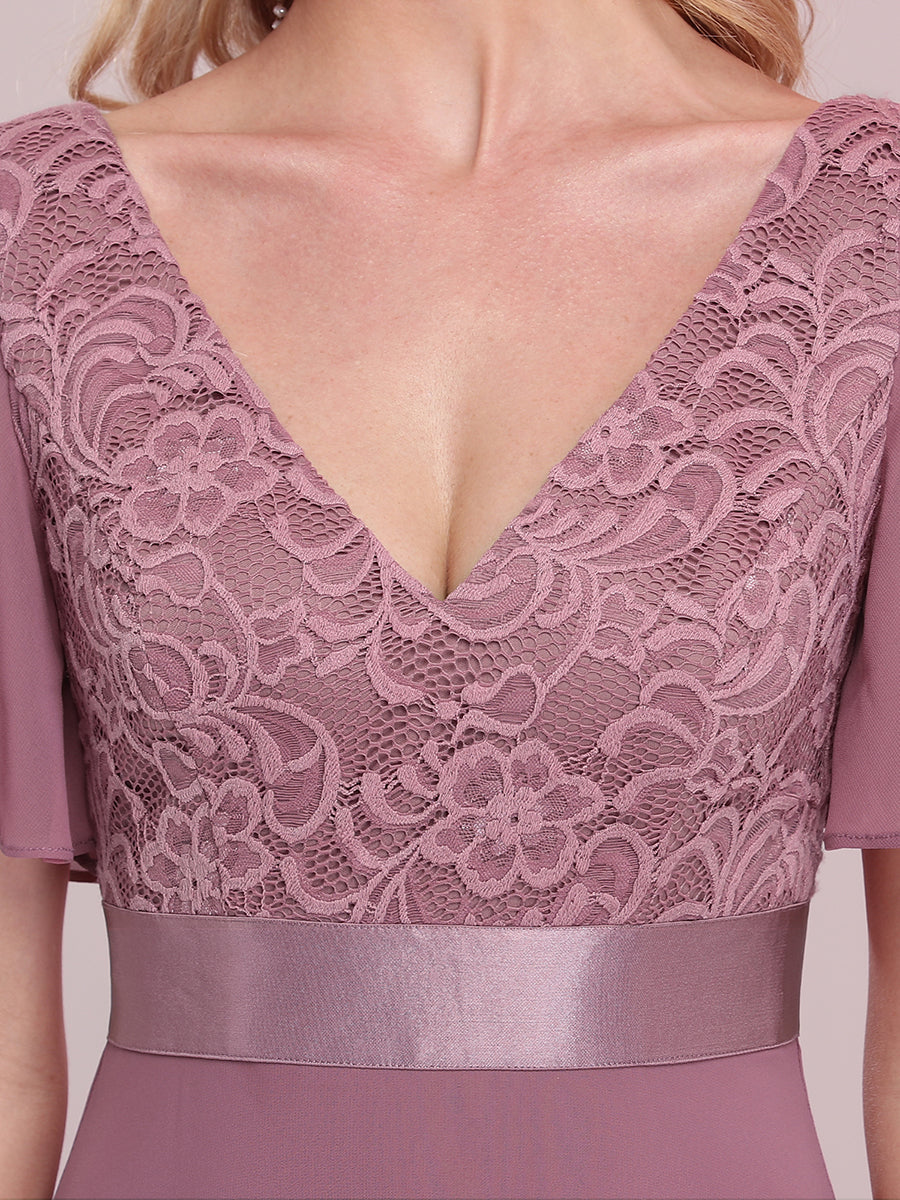 Color=Orchid | Deep V Neck Short Sleeves A Line Wholesale Evening Dresses-Orchid 5