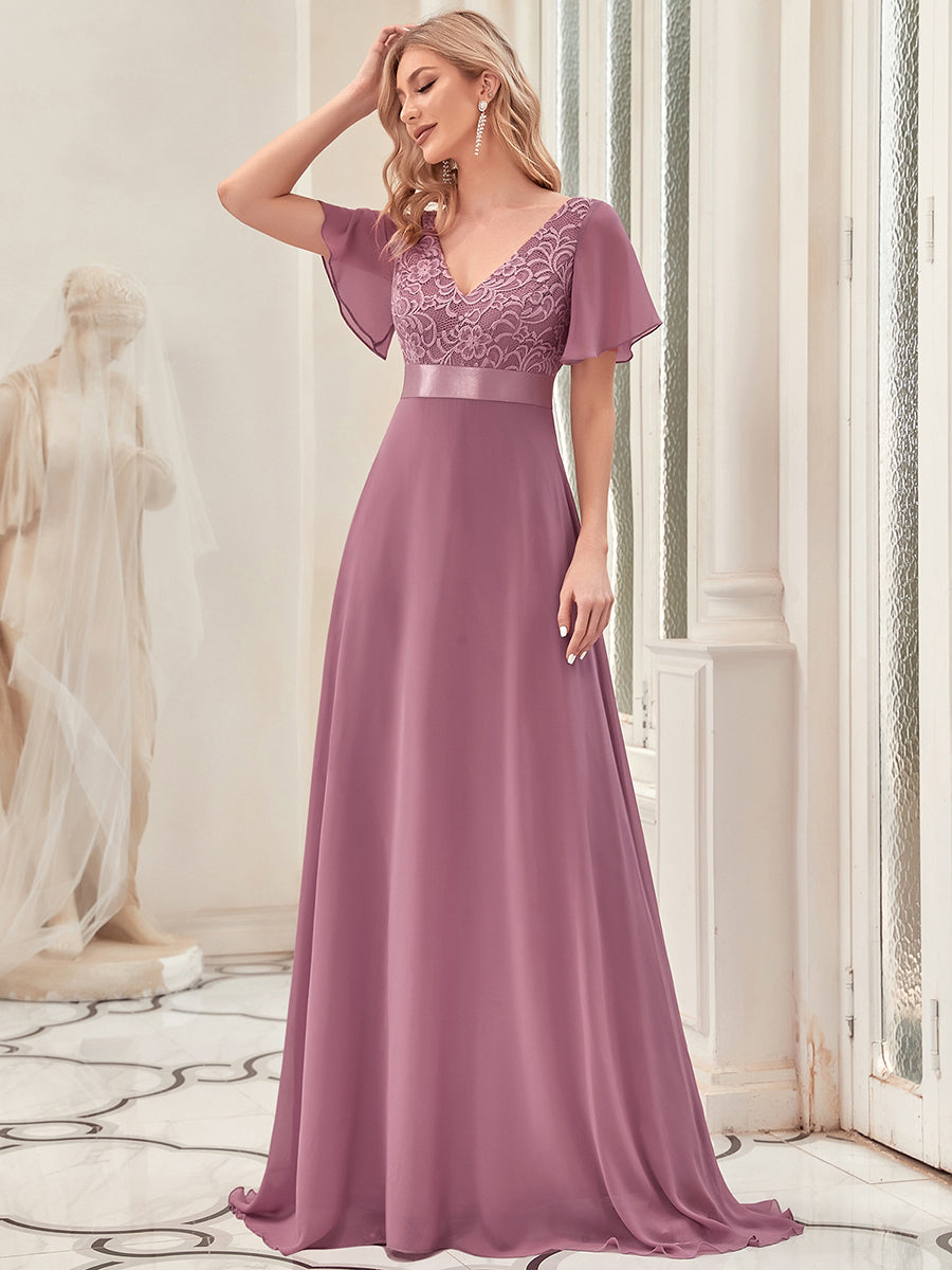 Color=Orchid | Deep V Neck Short Sleeves A Line Wholesale Evening Dresses-Orchid 2