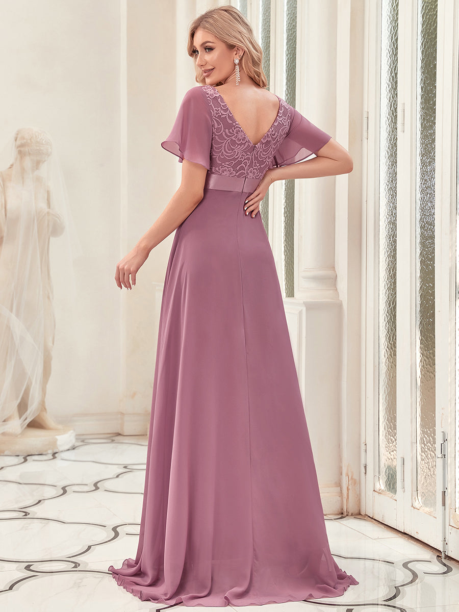 Color=Orchid | Deep V Neck Short Sleeves A Line Wholesale Evening Dresses-Orchid 3