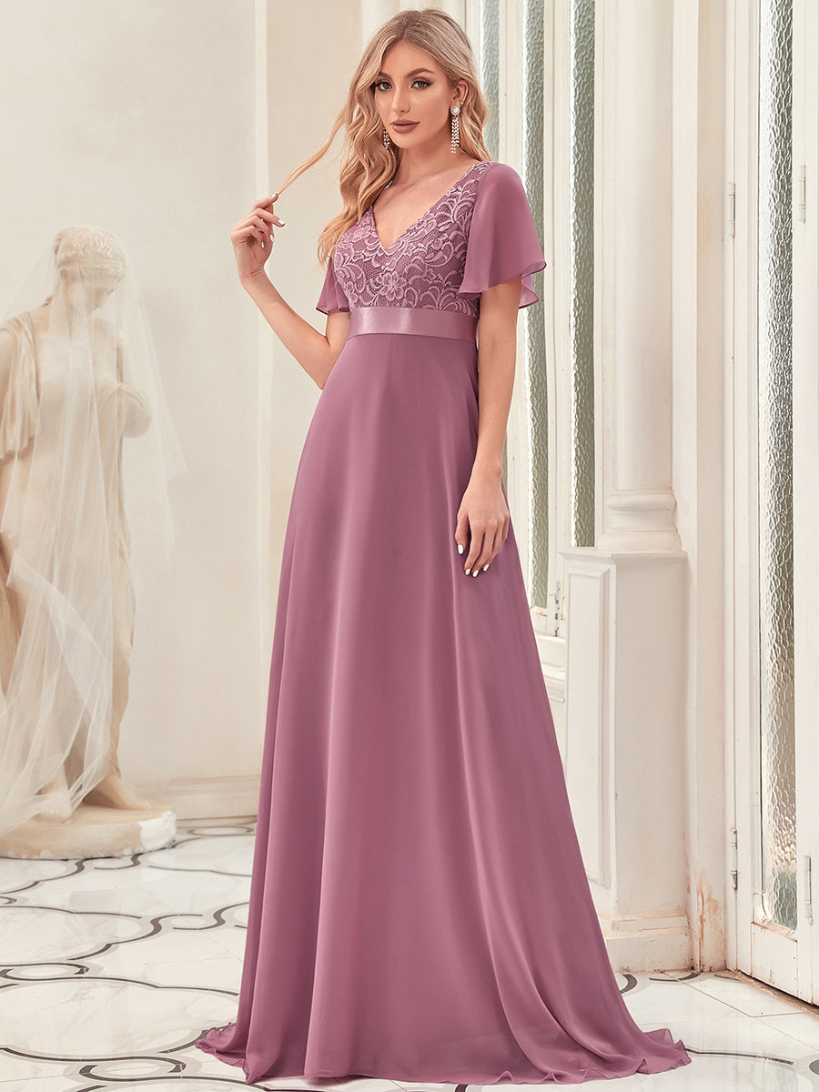 Color=Orchid | Deep V Neck Short Sleeves A Line Wholesale Evening Dresses-Orchid 1