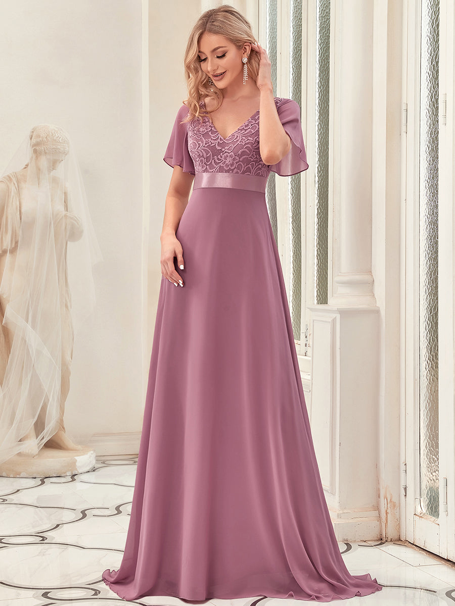 Color=Orchid | Deep V Neck Short Sleeves A Line Wholesale Evening Dresses-Orchid 4