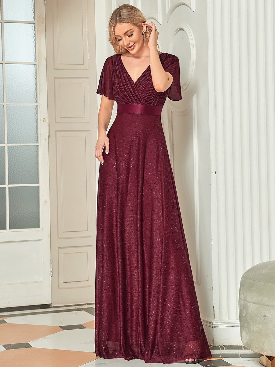 Color=Burgundy | Deep V Neck Ruffles Sleeve A Line Wholesale Evening Dresses-Burgundy 1