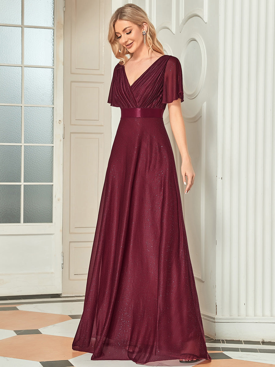 Color=Burgundy | Deep V Neck Ruffles Sleeve A Line Wholesale Evening Dresses-Burgundy 3