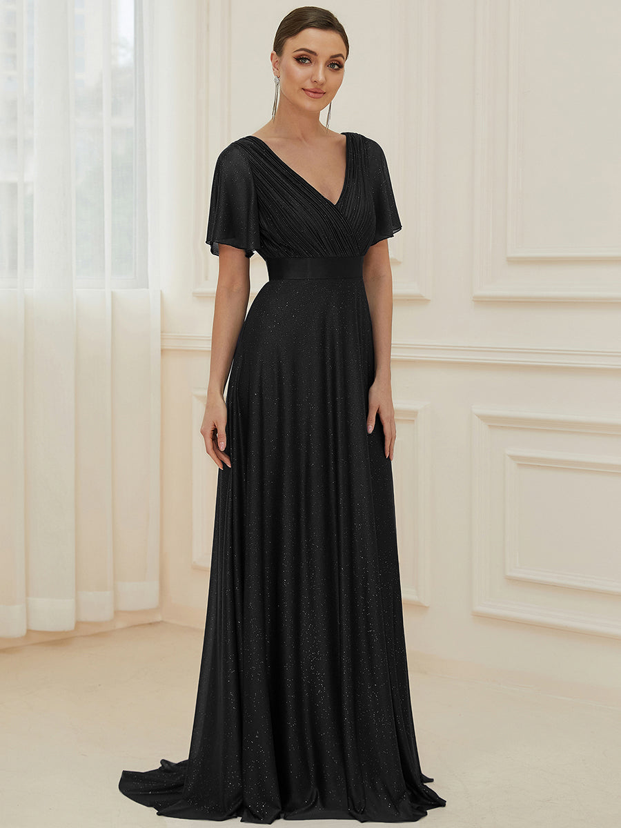 Custom Size Deep V Neck Ruffles Sleeve A Line Wholesale Evening Dresses