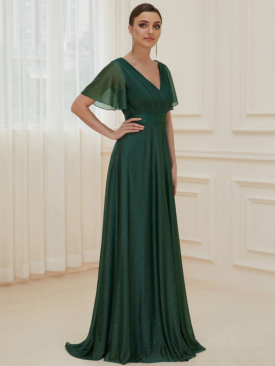 Color=Dark Green | Deep V Neck Ruffles Sleeve A Line Wholesale Evening Dresses-Dark Green 3