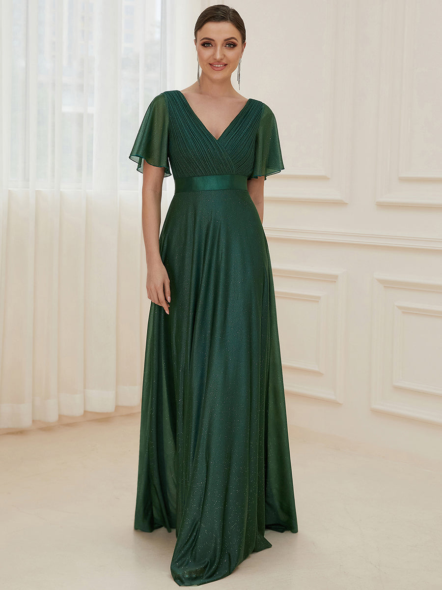 Color=Dark Green | Deep V Neck Ruffles Sleeve A Line Wholesale Evening Dresses-Dark Green 1
