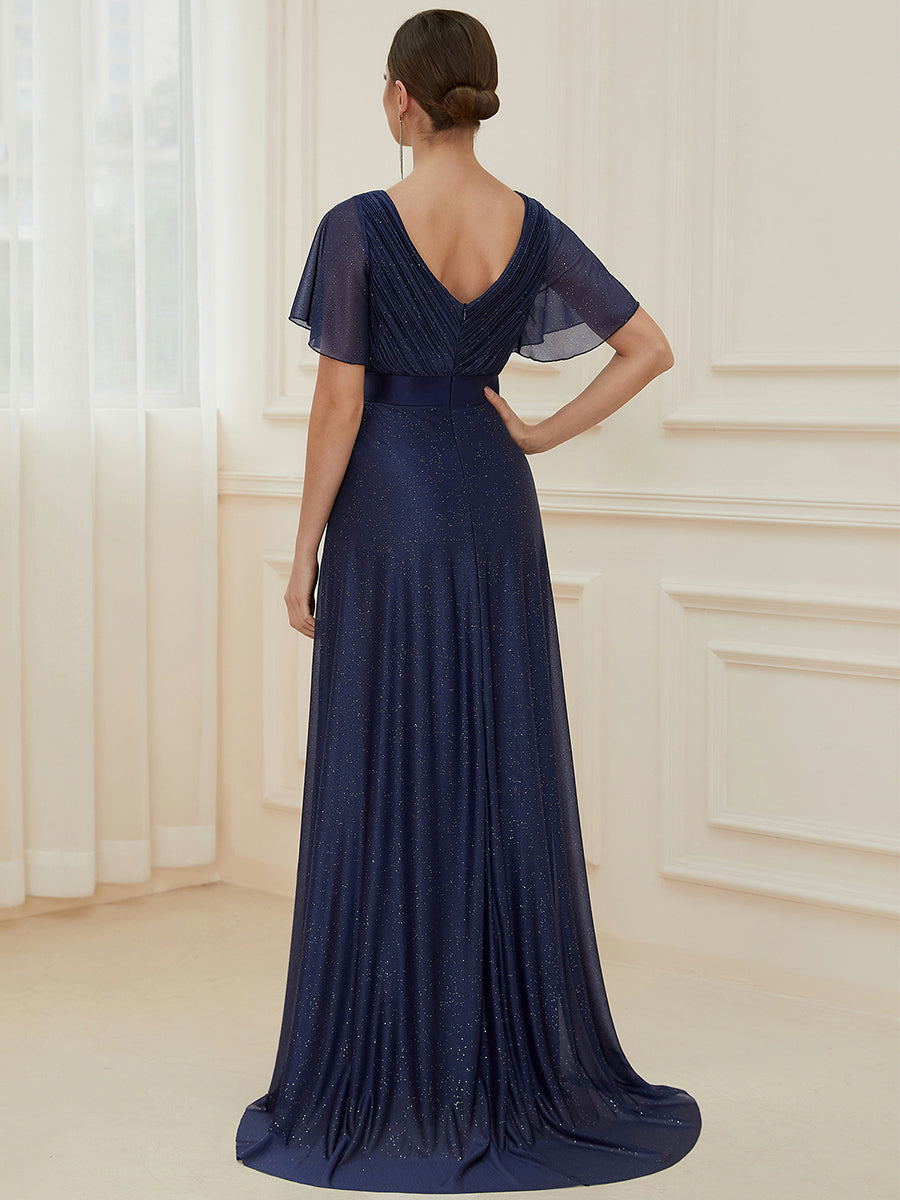 Color=Navy Blue | Deep V Neck Ruffles Sleeve A Line Wholesale Evening Dresses-Navy Blue 2