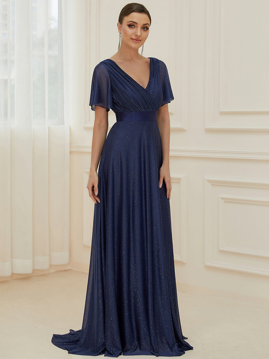 Color=Navy Blue | Deep V Neck Ruffles Sleeve A Line Wholesale Evening Dresses-Navy Blue 3