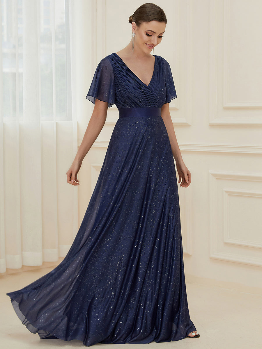 Color=Navy Blue | Deep V Neck Ruffles Sleeve A Line Wholesale Evening Dresses-Navy Blue 4