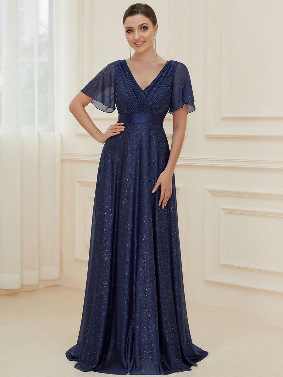 Color=Navy Blue | Deep V Neck Ruffles Sleeve A Line Wholesale Evening Dresses-Navy Blue 1
