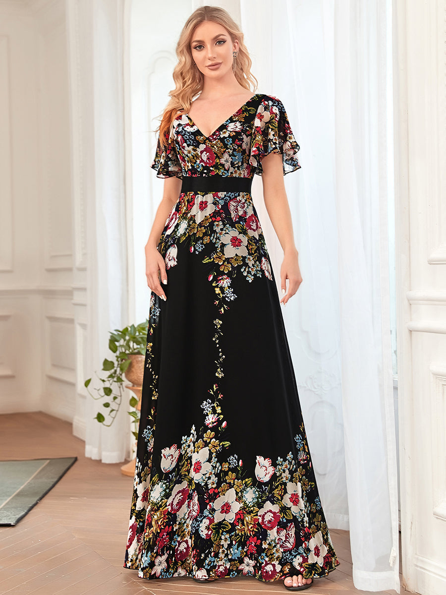 Short Ruffles Sleeves V Neck A Line Wholesale Evening Dresses #Color_Black and printed