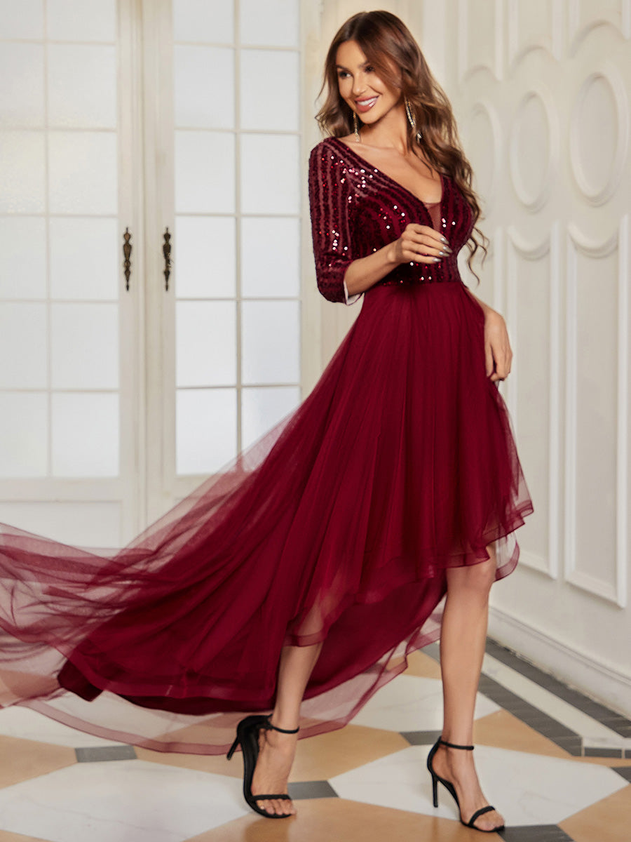 Color=Burgundy | Sparkly Deep V Neck Asymmetrical Hem Wholesale Evening Dresses-Burgundy 4