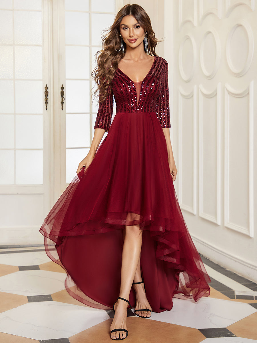 Color=Burgundy | Sparkly Deep V Neck Asymmetrical Hem Wholesale Evening Dresses-Burgundy 1