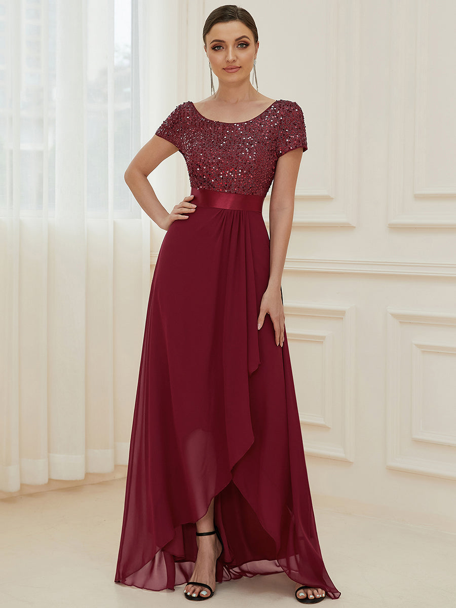 Color=Burgundy | Round Neck A-Line Floor Length Wholesale Evening Dresses-Burgundy 1