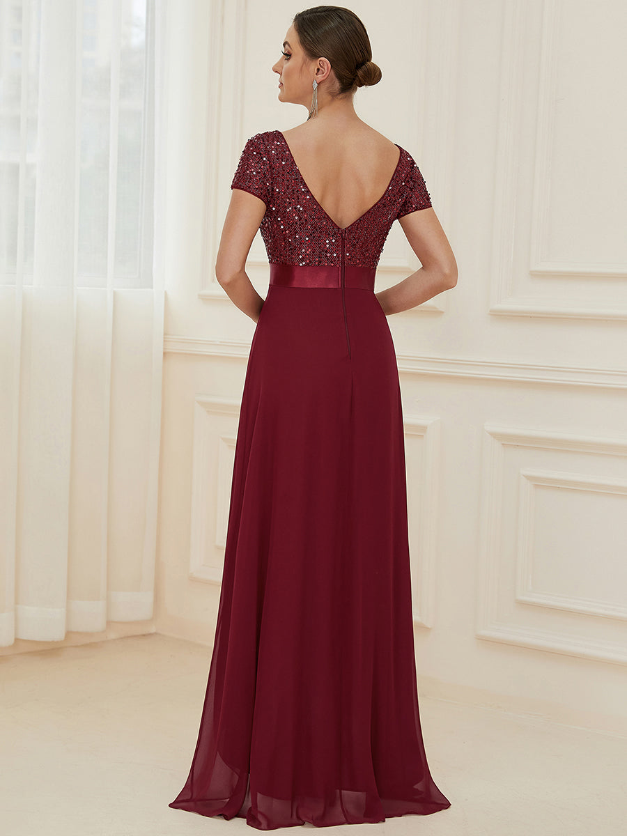 Color=Burgundy | Round Neck A-Line Floor Length Wholesale Evening Dresses-Burgundy 2