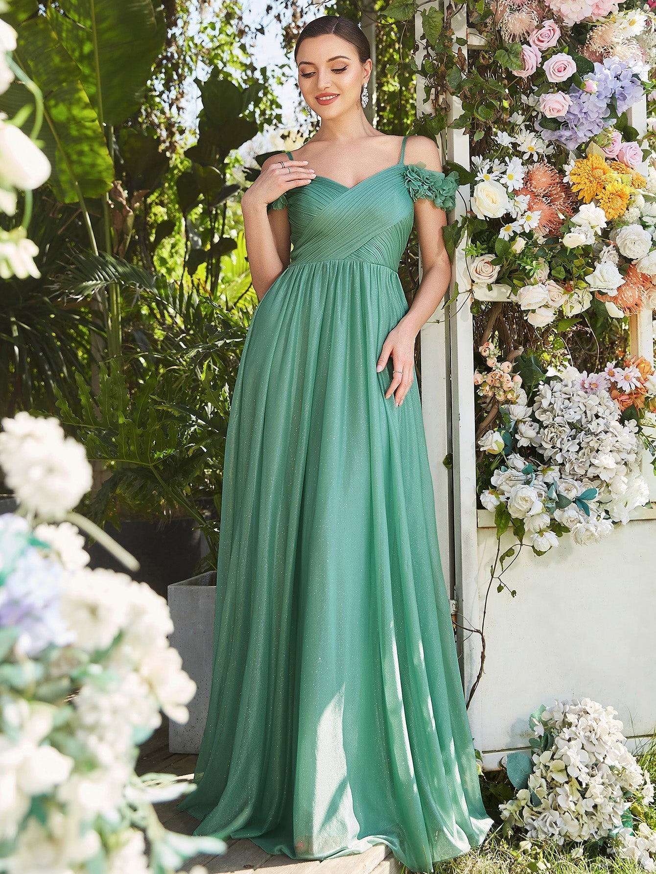 Color=Green Bean | Off Shoulders A Line Spaghetti Strap Sparkly Wholesale Evening Dresses-Green Bean 1