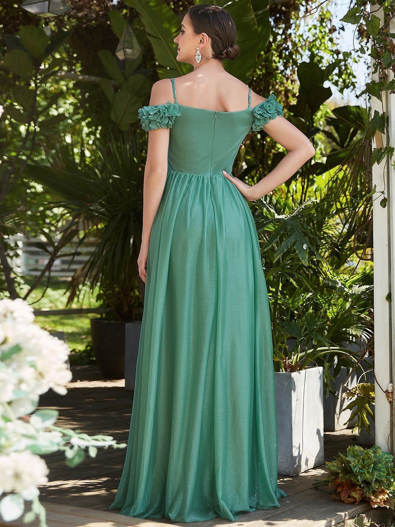 Color=Green Bean | Off Shoulders A Line Spaghetti Strap Sparkly Wholesale Evening Dresses-Green Bean 2