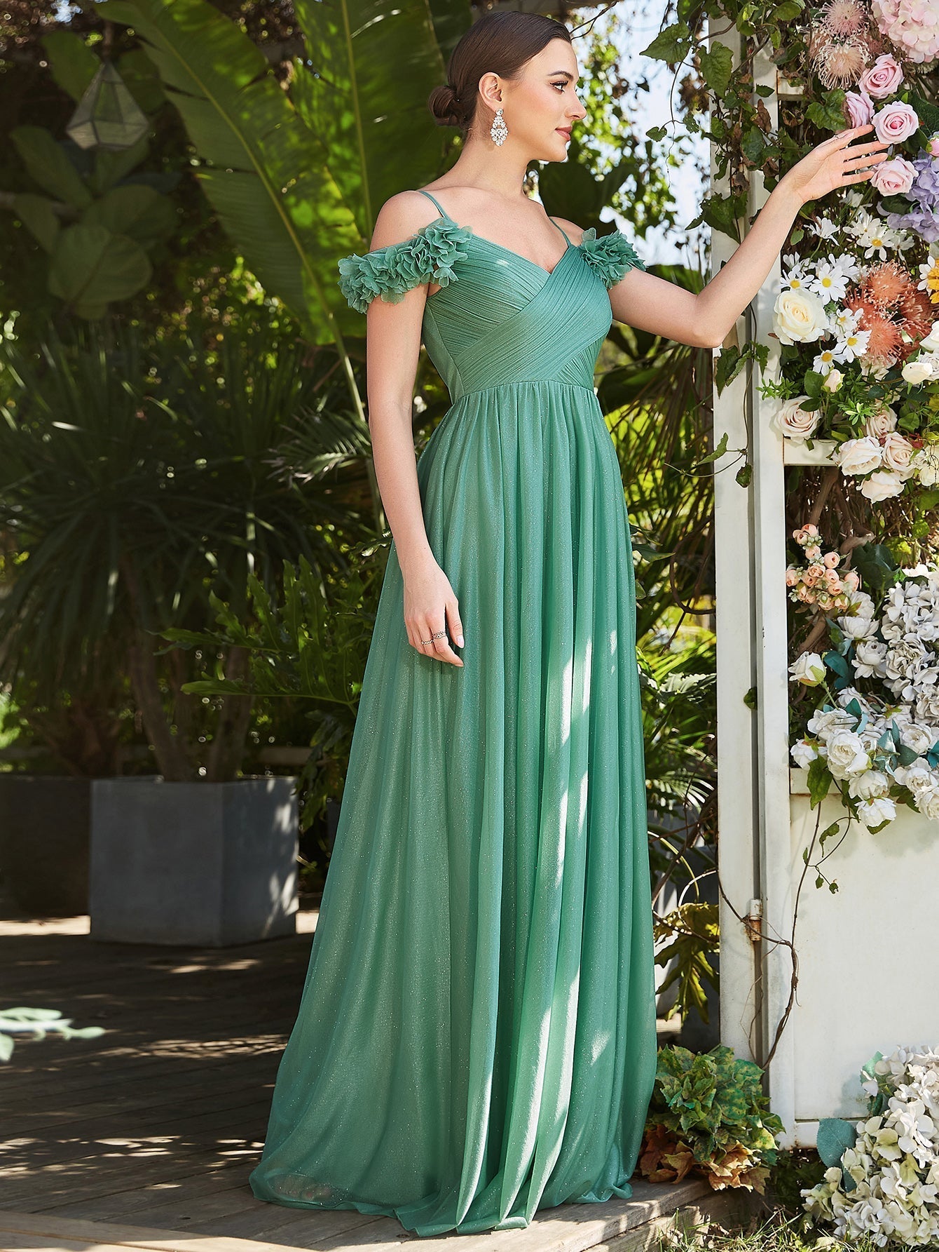 Color=Green Bean | Off Shoulders A Line Spaghetti Strap Sparkly Wholesale Evening Dresses-Green Bean 4