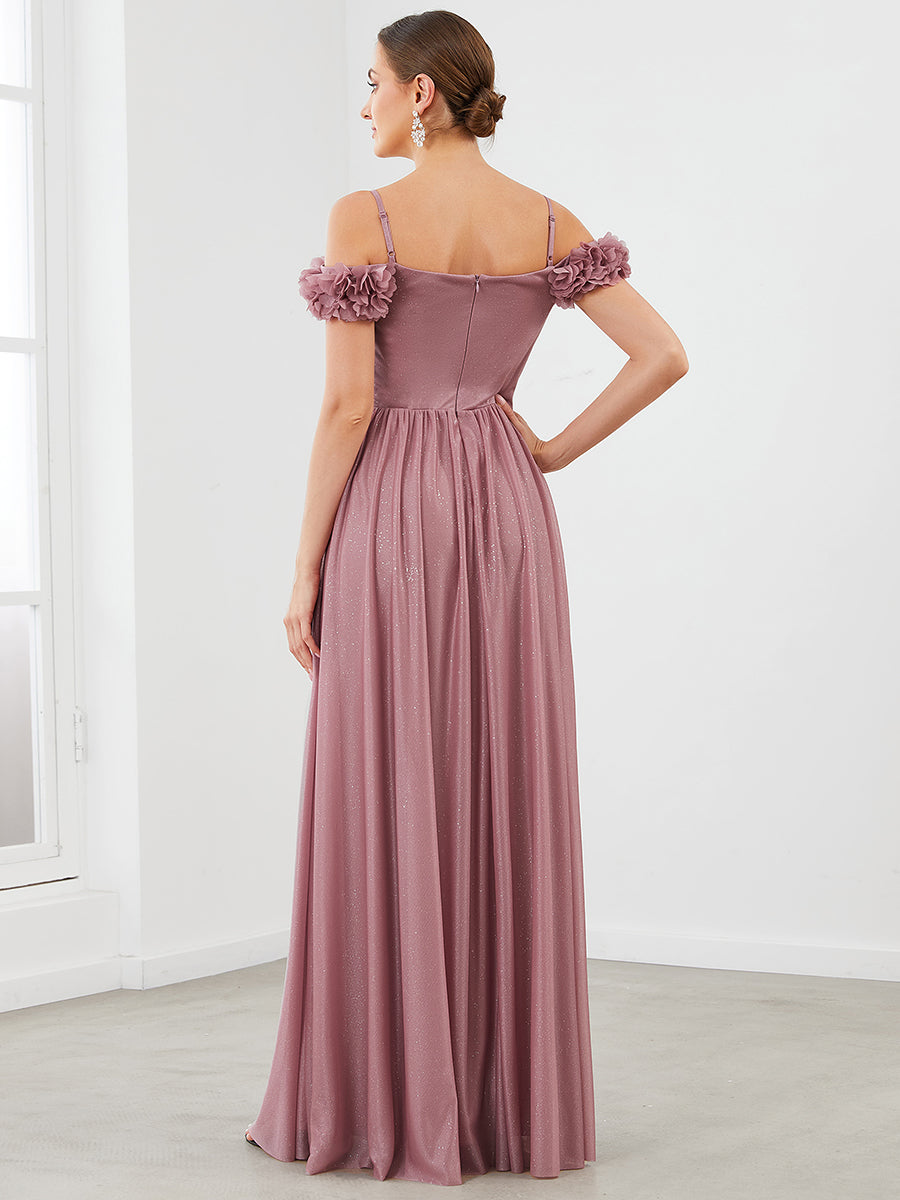Color=Orchid | Off Shoulders A Line Spaghetti Strap Sparkly Wholesale Evening Dresses-Orchid 2