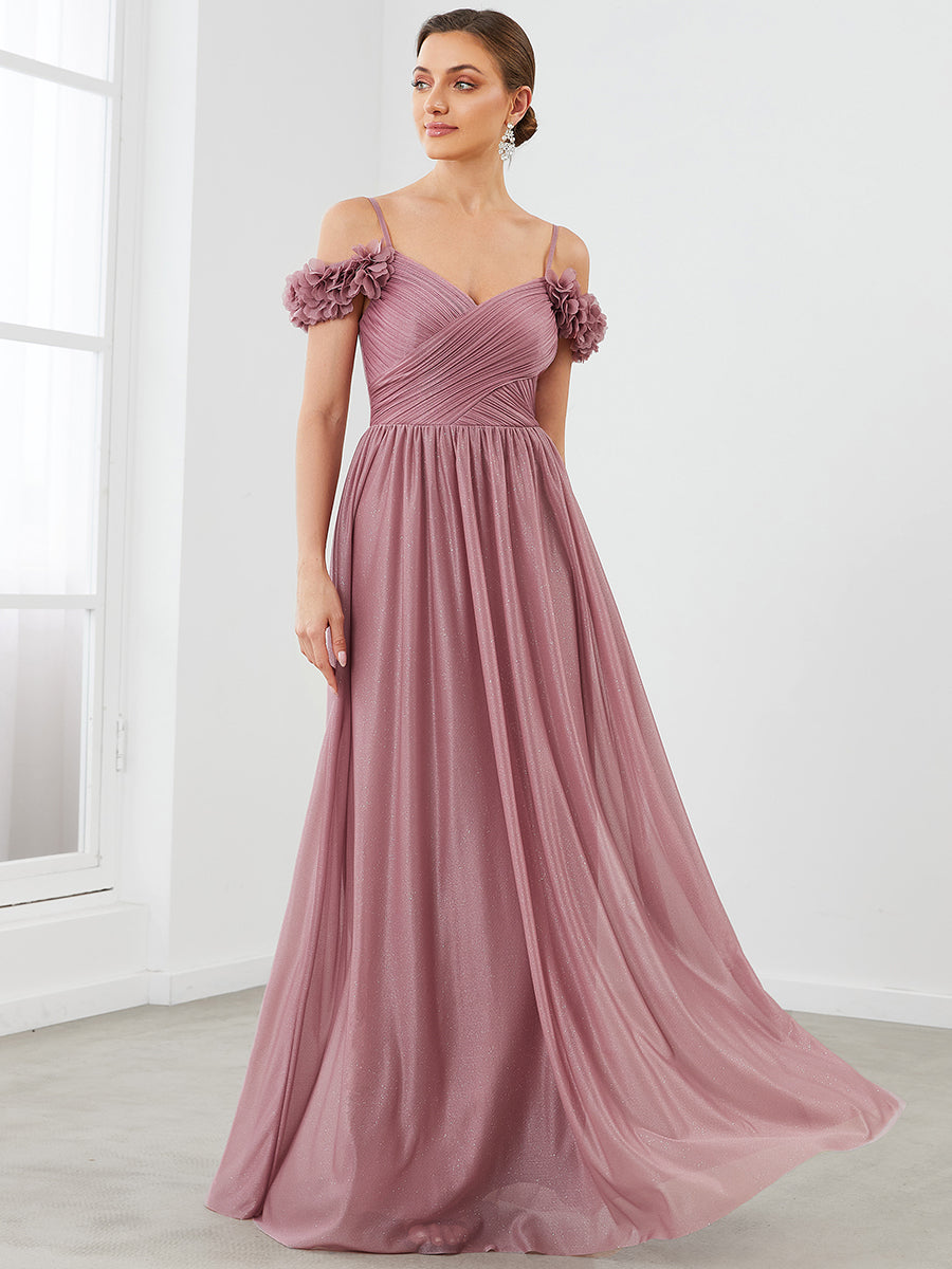 Color=Orchid | Off Shoulders A Line Spaghetti Strap Sparkly Wholesale Evening Dresses-Orchid 3