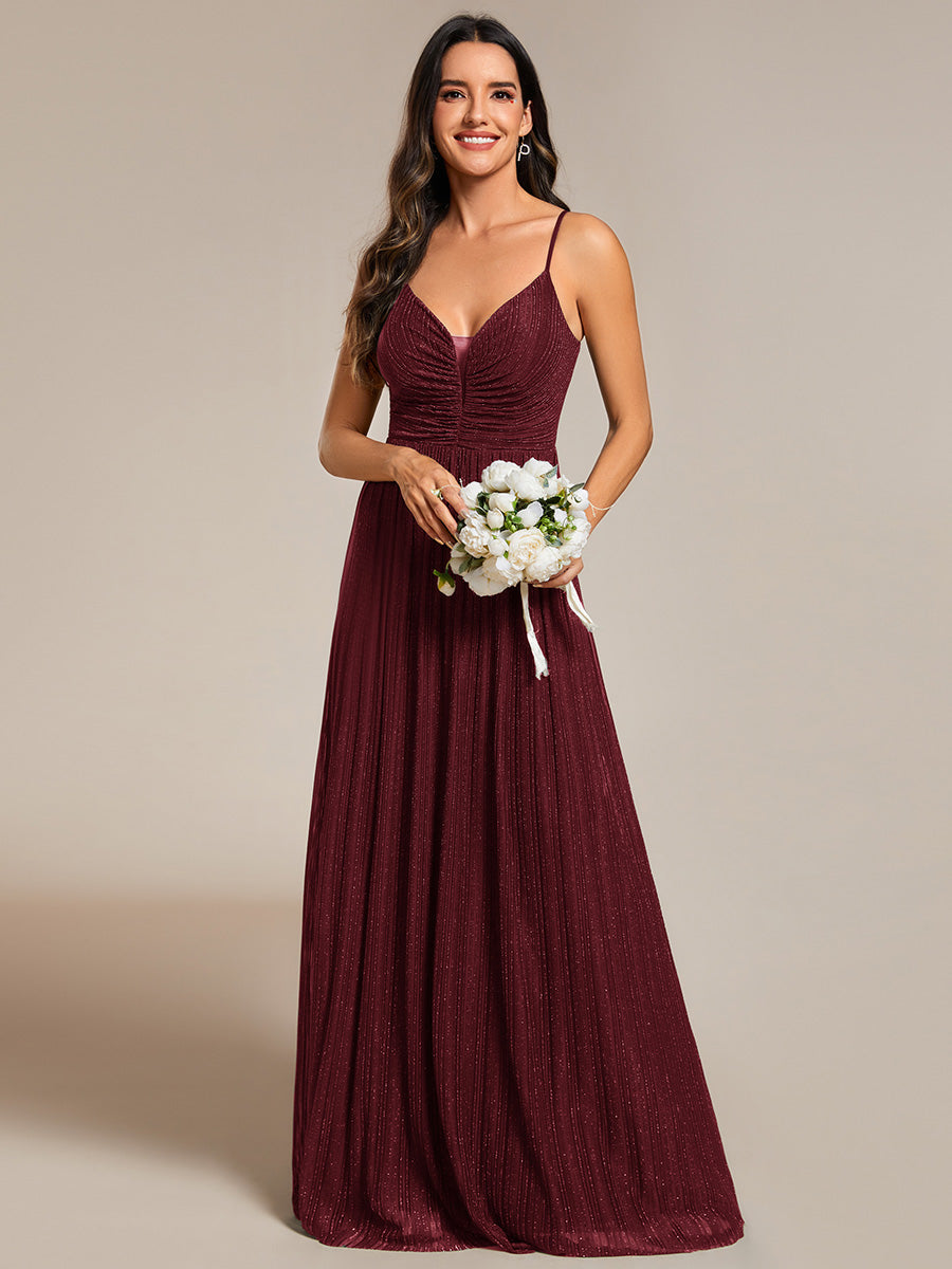 Color=Burgundy |  Shimmer V Neck Floor Length Bridesmaid Dress With Spaghetti Straps-Burgundy 1