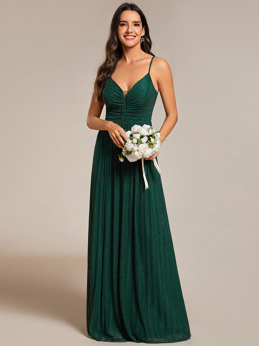 Color=Dark Green |  Shimmer V Neck Floor Length Bridesmaid Dress With Spaghetti Straps-Dark Green 10