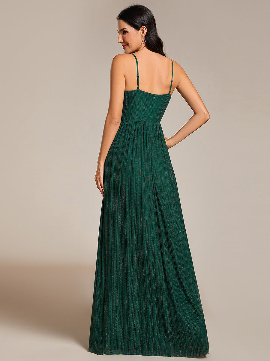 Color=Dark Green |  Shimmer V Neck Floor Length Bridesmaid Dress With Spaghetti Straps-Dark Green 9