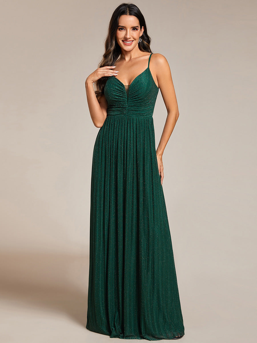 Color=Dark Green |  Shimmer V Neck Floor Length Bridesmaid Dress With Spaghetti Straps-Dark Green 8
