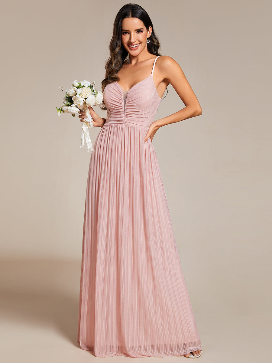 Color=Pink |  Shimmer V Neck Floor Length Bridesmaid Dress With Spaghetti Straps-Pink 15