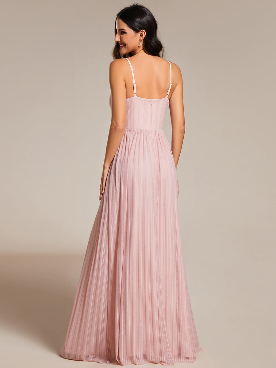 Color=Pink |  Shimmer V Neck Floor Length Bridesmaid Dress With Spaghetti Straps-Pink 14