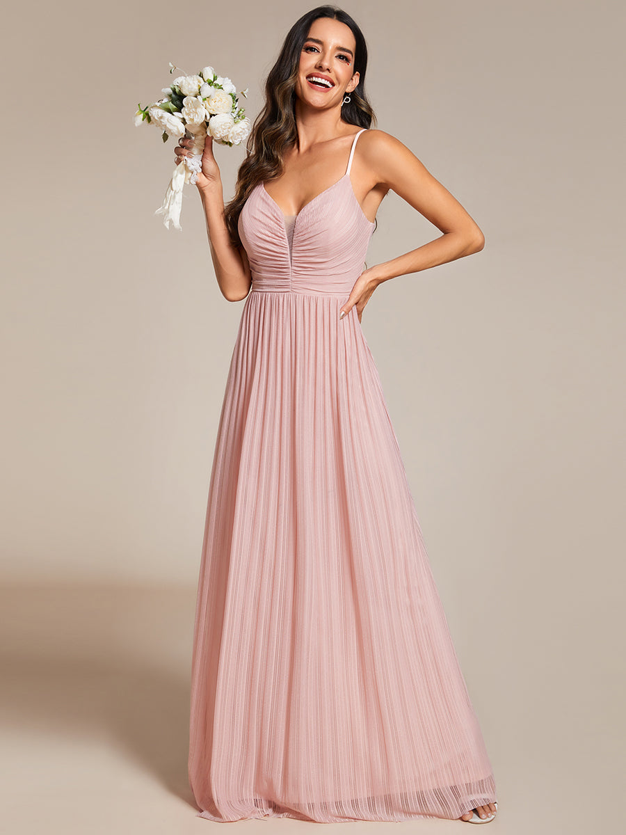 Color=Pink |  Shimmer V Neck Floor Length Bridesmaid Dress With Spaghetti Straps-Pink 13