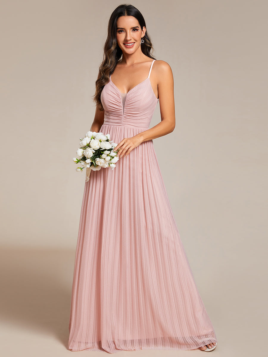 Color=Pink |  Shimmer V Neck Floor Length Bridesmaid Dress With Spaghetti Straps-Pink 11