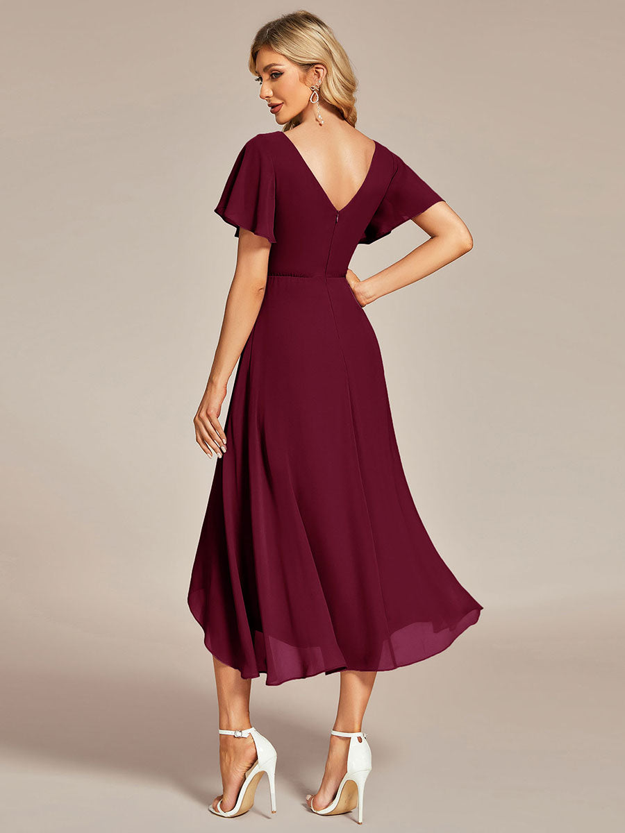 Color=Burgundy | V-Neck High Low CHiffon Ruffles Wholesale Evening Dresses-Burgundy  4