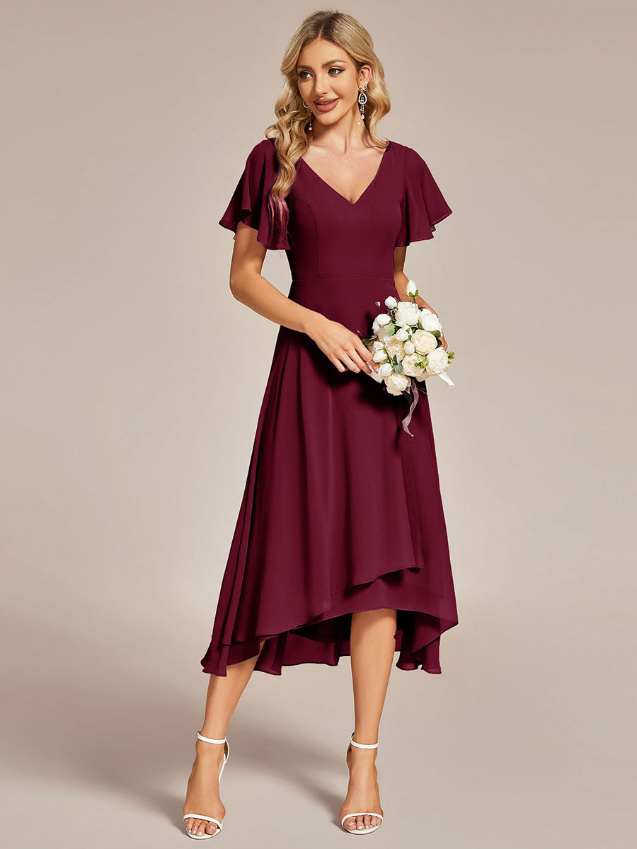 Color=Burgundy | V-Neck High Low CHiffon Ruffles Wholesale Evening Dresses-Burgundy  3