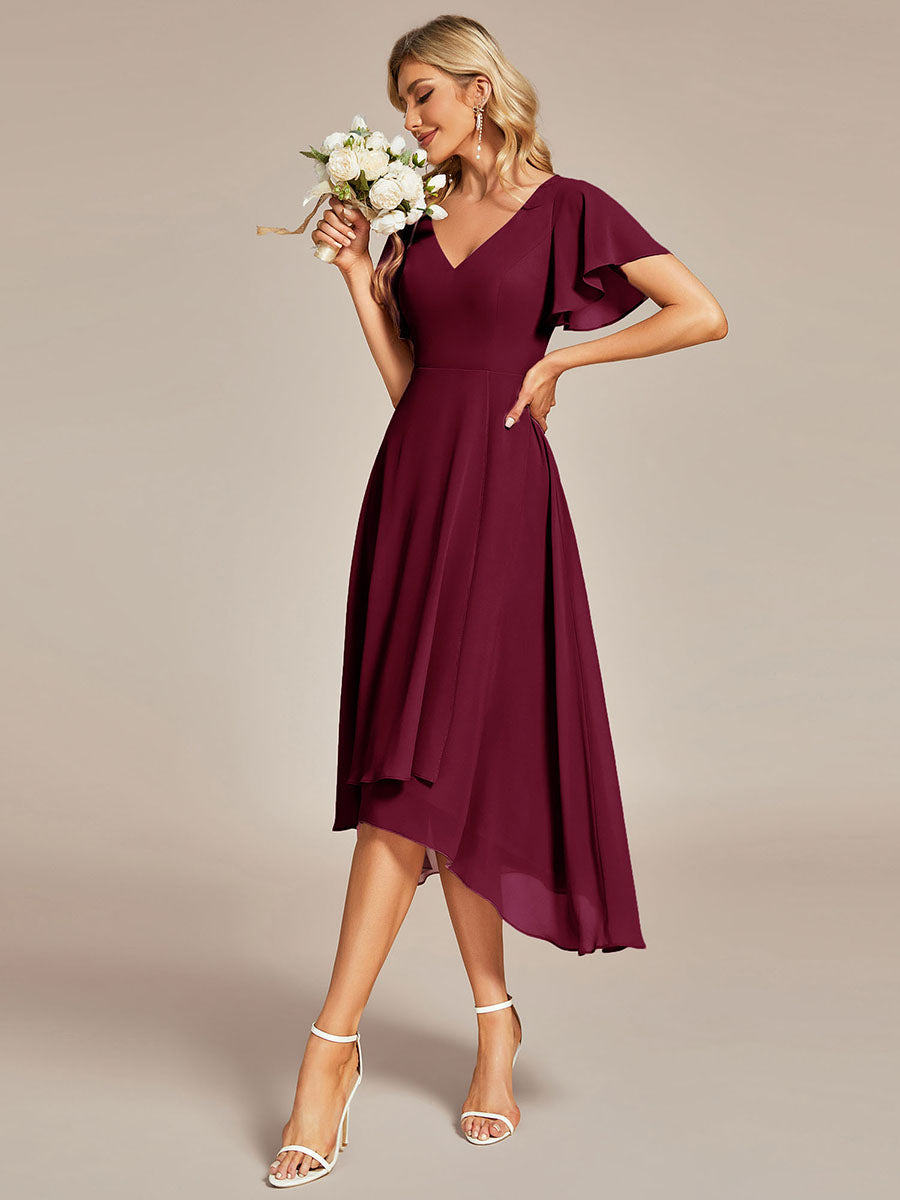 Color=Burgundy | V-Neck High Low CHiffon Ruffles Wholesale Evening Dresses-Burgundy  2