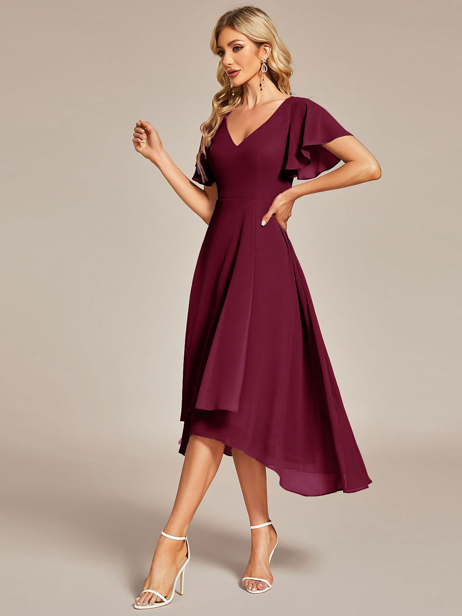 Color=Burgundy | V-Neck High Low CHiffon Ruffles Wholesale Evening Dresses-Burgundy  1