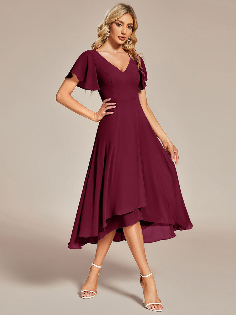 Color=Burgundy | V-Neck High Low CHiffon Ruffles Wholesale Evening Dresses-Burgundy  5