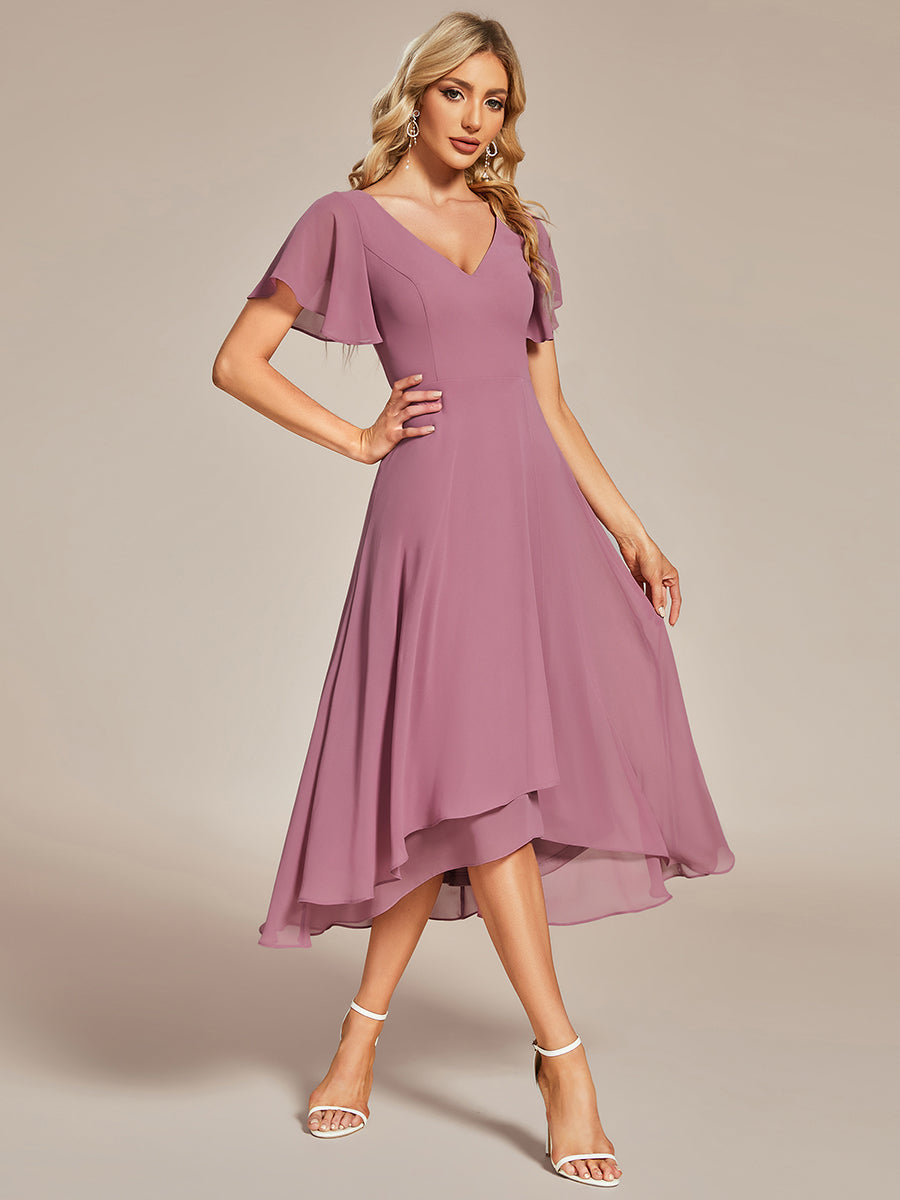 Color=Orchid | V-Neck High Low CHiffon Ruffles Wholesale Evening Dresses-Orchid 1