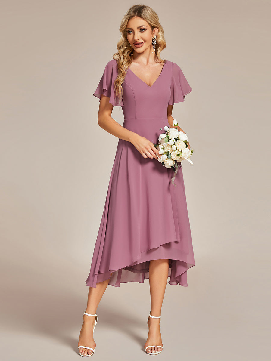 Color=Orchid | V-Neck High Low CHiffon Ruffles Wholesale Evening Dresses-Orchid 3