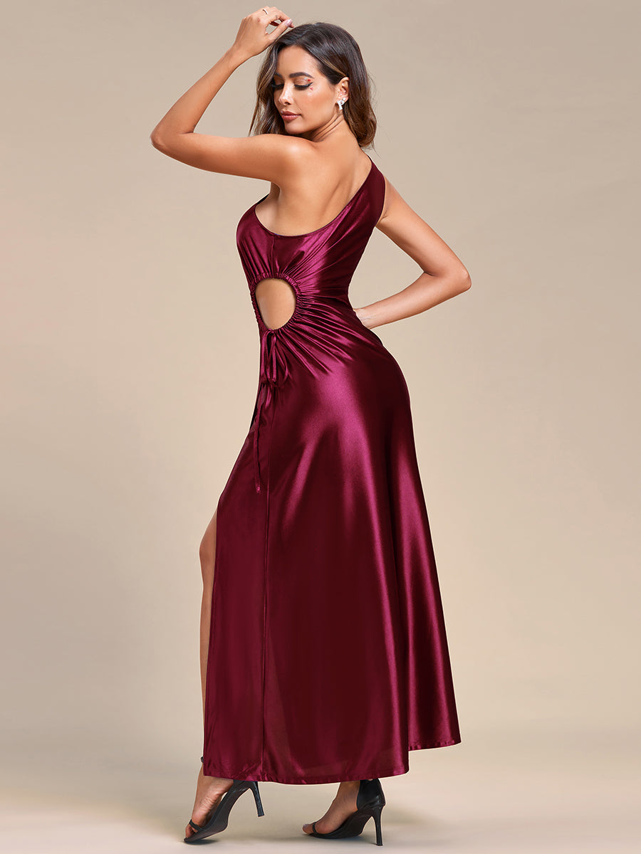 Color=Burgundy | Hot One Shoulder Pleated Bare Waist Wholesale Stain Evening Dresses-Burgundy 2