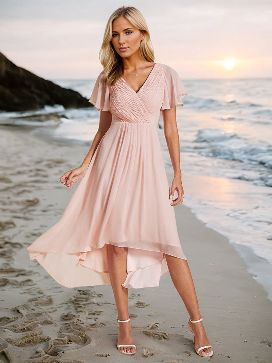 Pleated Ruffles Chiffon Wholesale Wedding Guest Dresses#Color_Pink