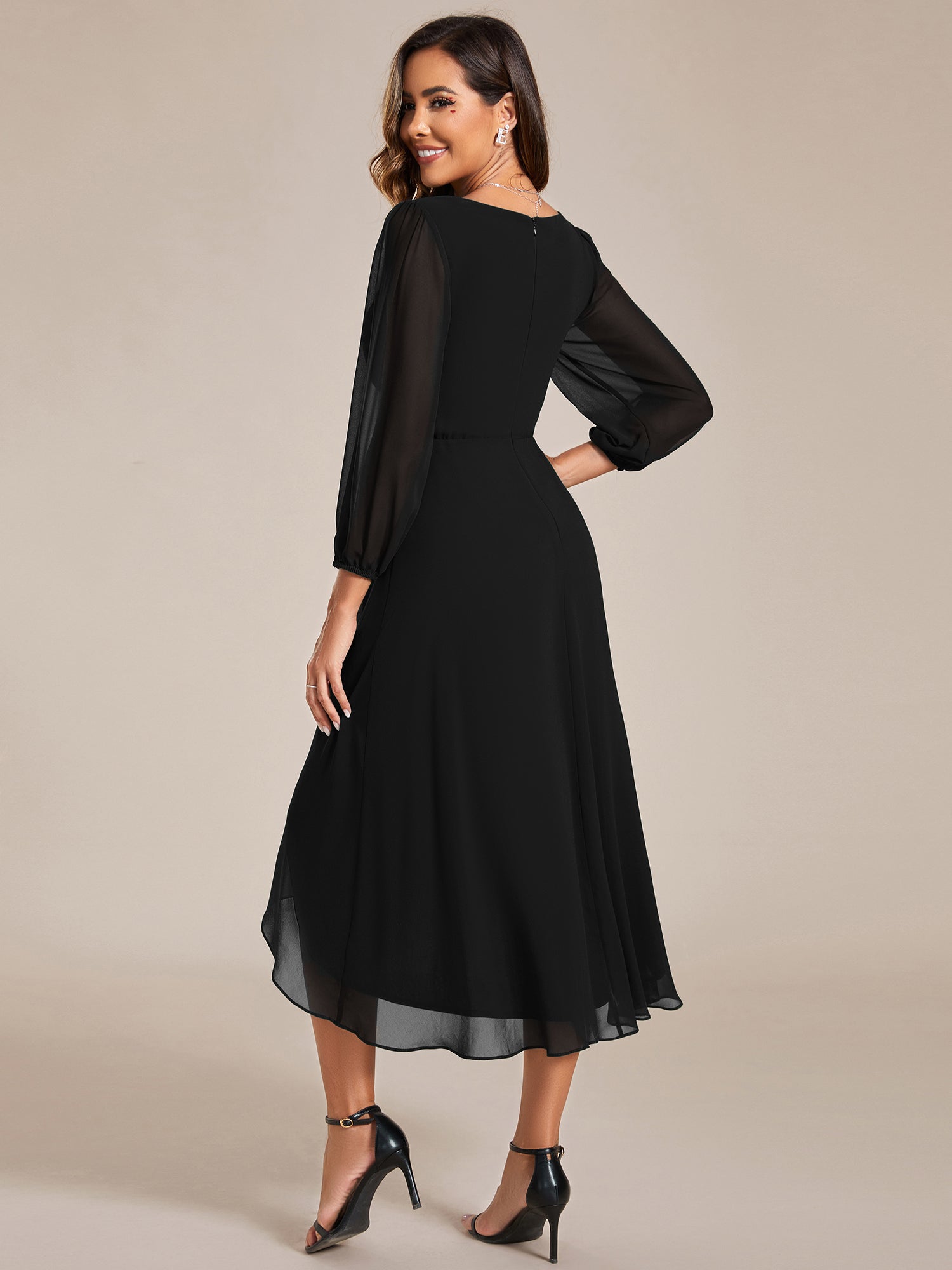 Long Sleeves Pleated Ruffles Chiffon Wholesale Wedding Guest#Color_Black